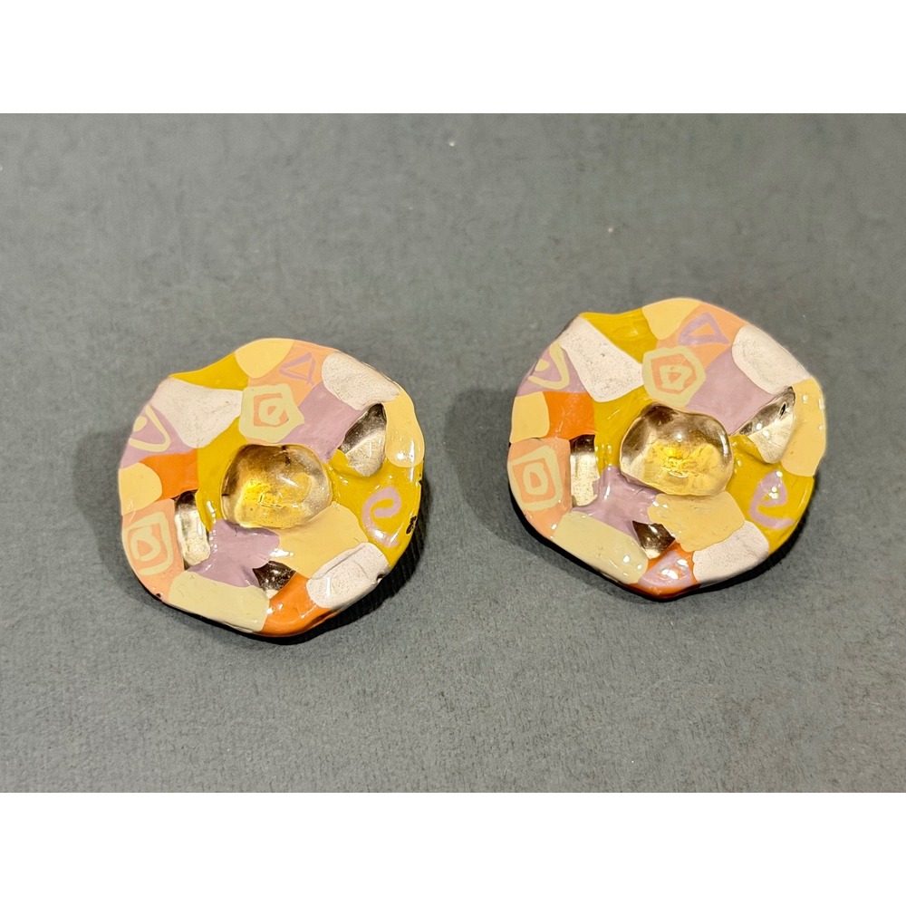 Vintage Artisan Abstract Painted Acrylic Mosaic Clip On Earrings Retro